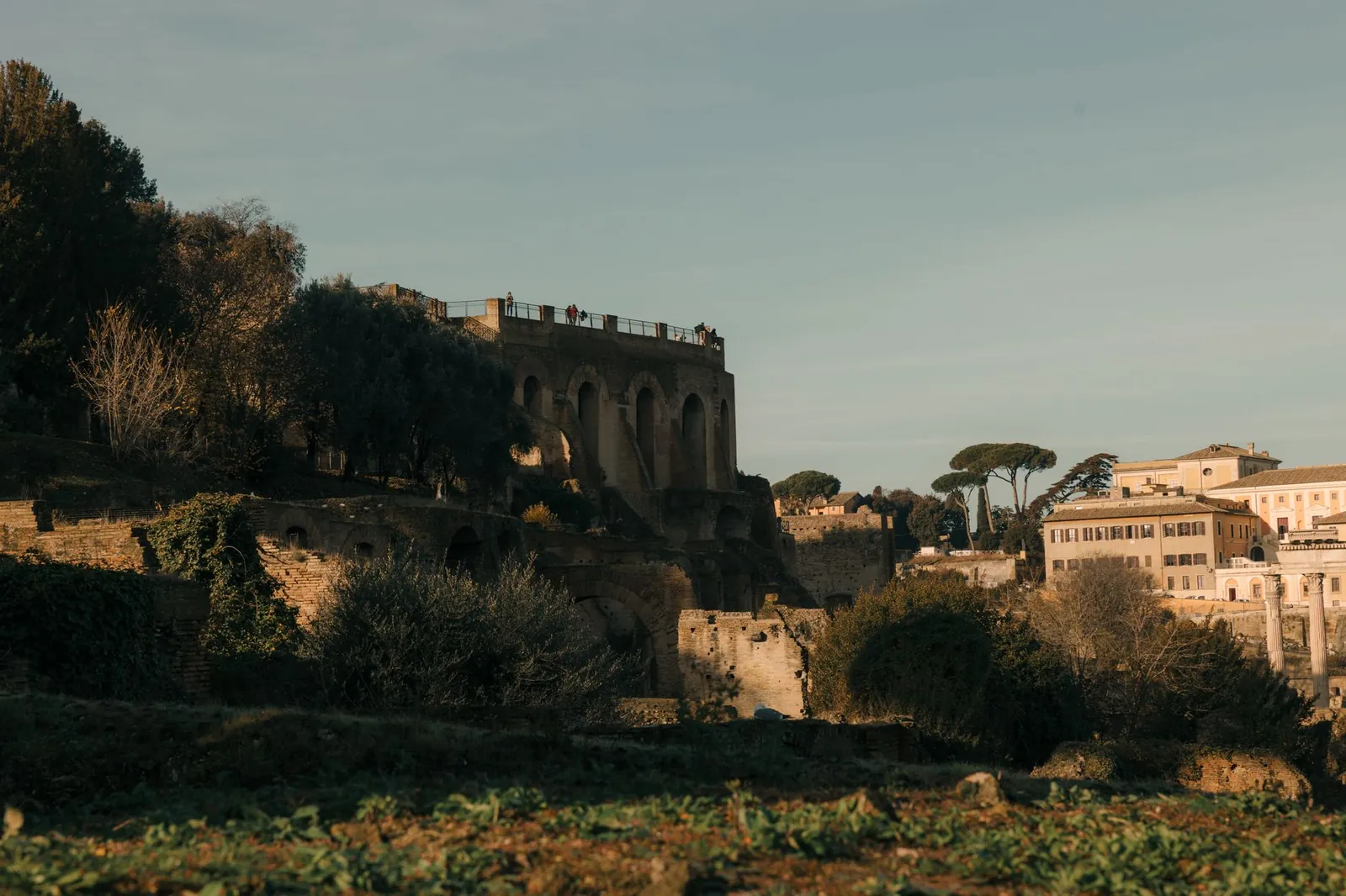View over the ruins of the Roman Forum with the Colosseum behind at sunset
