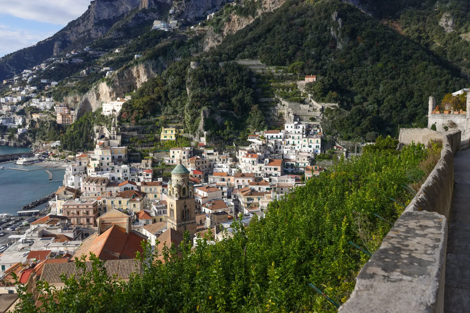 Tiered houses of the Amalfi Coast above the Mediterranean
