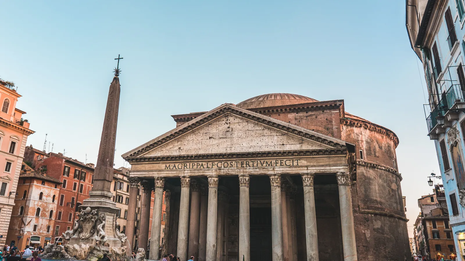 The columned portico of the Pantheon in central Rome, Italy